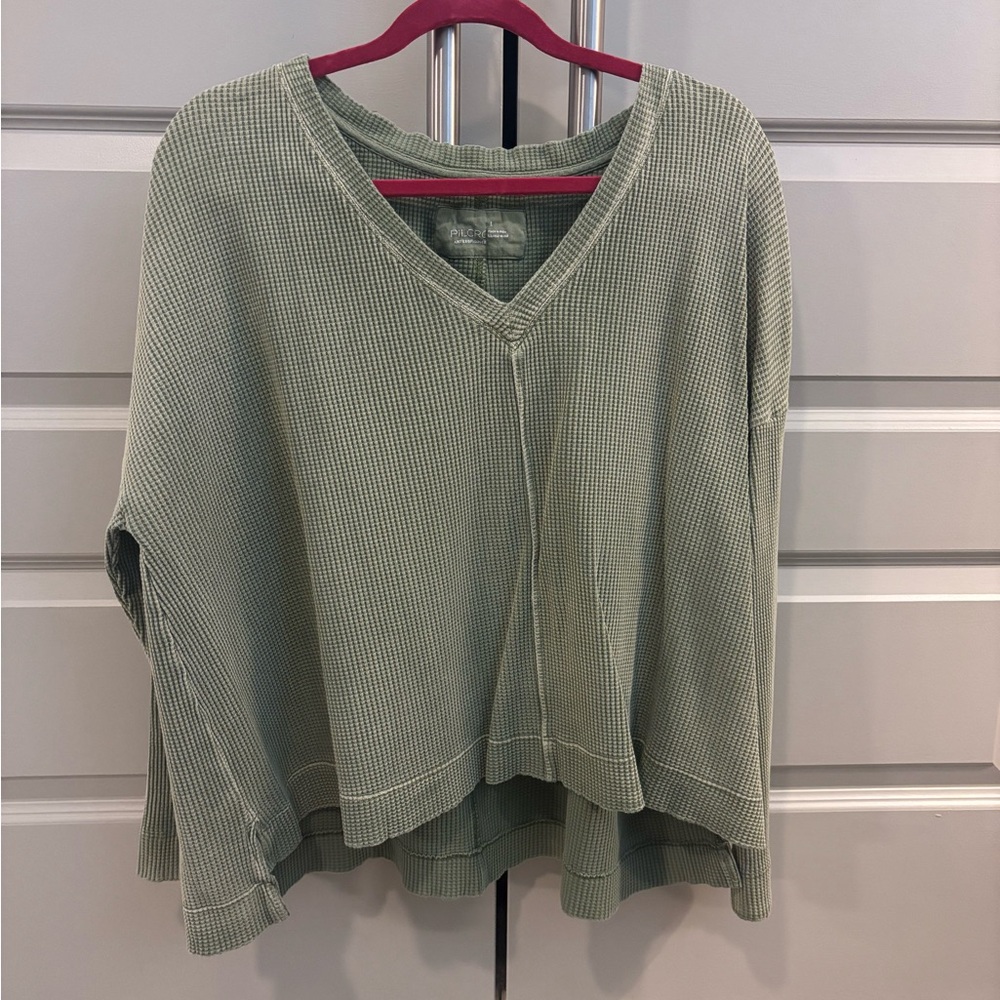 Anthropologie Green Waffle Knit V-Neck Top